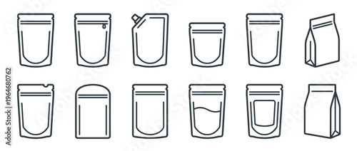 Collection of stand-up pouches and flexible packaging bags in various shapes and sizes, presented as line art icons.