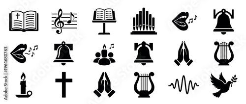 Collection of religious and musical icons representing faith, worship, and spiritual harmony in a simple graphic style.