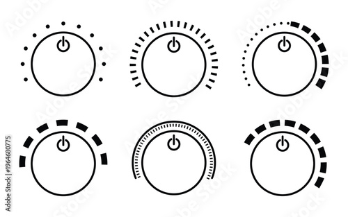 Modern black volume knob icon set with circular controls and minimal interface design elements UI vector illustration.