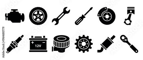 Car parts and tools icons set, including engine, wheel, wrench, screwdriver, brake disc, piston, spark plug, battery, air filter, gear, muffler, and ratchet.