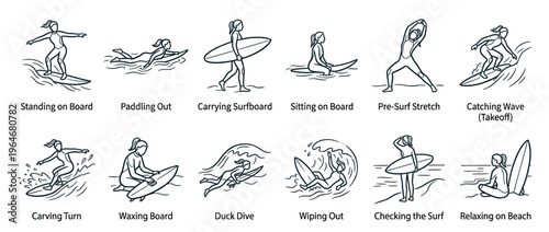 Surfing actions collection featuring a female surfer performing various maneuvers and preparations in the ocean, illustrating the sport's different stages.