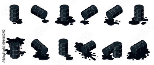 Isometric illustration set of black oil barrels spilling crude petroleum liquid, depicting environmental pollution and industrial waste.