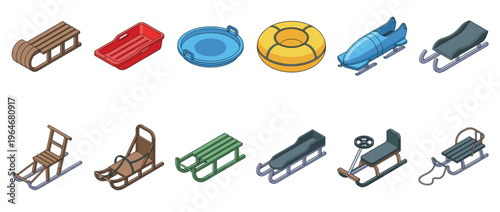 Winter sleds and snow tubes collection featuring various designs and colors for snow recreation and outdoor winter sports activities.