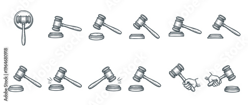 Gavel and sound block illustrations in a hand-drawn sketch style depicting justice, auction, and legal concepts.