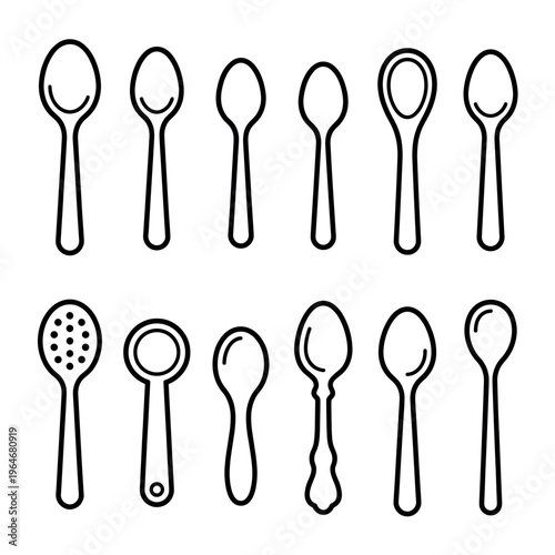 Collection of various spoon icons, including different shapes and sizes, representing kitchen utensils and cutlery for cooking and dining.