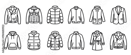Collection of various outline icons representing different types of jackets and coats for fashion and apparel design projects.