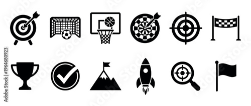 Goal achievement success icons set representing targets, sports, and aspirations for business and personal development.