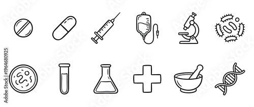 Medical icons and healthcare symbols collection featuring scientific instruments, pharmaceutical items, and biological elements for health and research concepts.