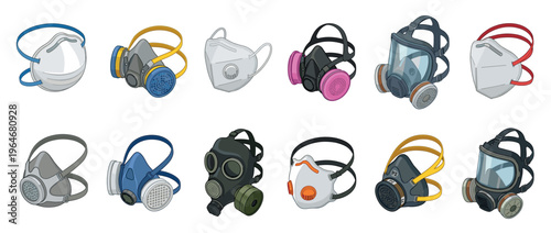 Collection of various respiratory masks and respirators for personal protection against airborne hazards and contaminants.