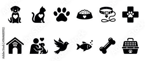 Collection of pet care icons and animal symbols representing veterinary services, pet ownership, and animal well-being in a modern flat design style.