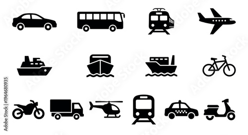 Transportation icons set featuring various vehicle symbols for travel, logistics, and public transit applications in a modern graphic style.