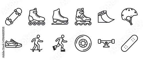 Skateboarding and roller skating equipment icons set featuring various sports gear, protective wear, and related items in a clean outline style.