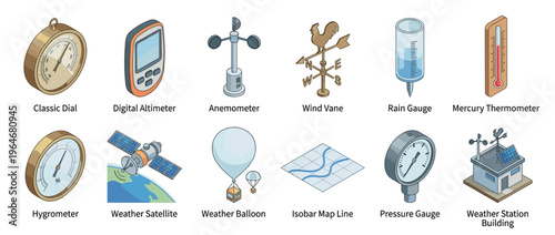 Weather instruments and meteorological tools collection for climate measurement and atmospheric condition monitoring in an isometric illustration style.
