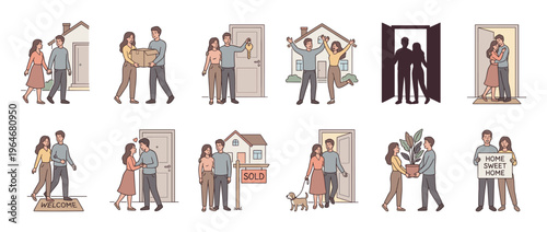 Happy couple moving into their new house, carrying belongings and celebrating homeownership together.