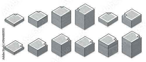 Isometric paper document stacks with varying heights representing office work, data, and financial reports in a clean, modern vector illustration.