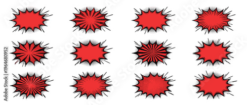 Red comic speech bubbles and explosion shapes with halftone dots and radial lines in a pop art style collection.