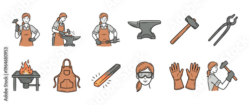 Female blacksmith working with traditional tools, forging metal, and essential equipment for the craft in a detailed illustration set.