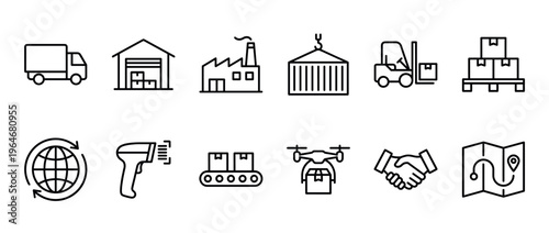 Logistics and supply chain management line icons set depicting various elements of global delivery, transportation, and warehouse operations.