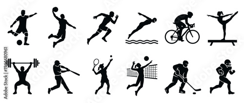 Sports activities icons set of athletic silhouettes representing various popular competitive and recreational physical exercises and games.
