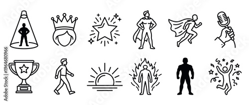 Collection of success and achievement icons including superhero, crown, star, trophy, and spotlight symbols representing victory and power.