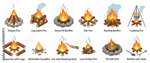 Collection of isometric campfire illustrations depicting various outdoor fire types, from teepee to cooking fires with tools.