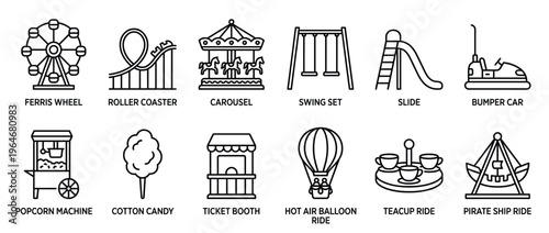 Amusement park rides and carnival attractions line art icons collection featuring various fun fairground elements for entertainment and recreation.