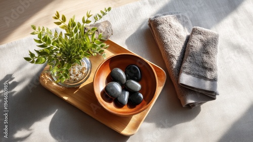 Top view of a hot stone massage treatment in a luxury spa, creating a peaceful and calming environment with sunlight 