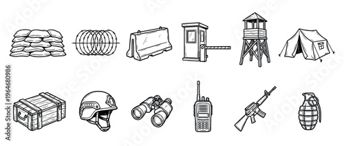 Military equipment and security items collection featuring sandbags, barbed wire, a guard booth, watchtower, tent, helmet, rifle, and grenade in a hand-drawn style.