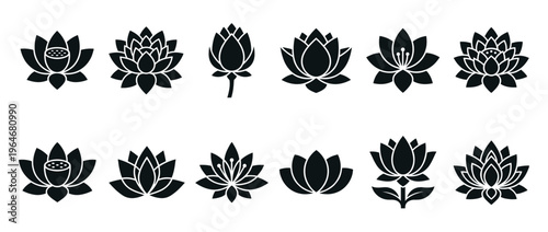 Lotus flowers icons set featuring various styles and stages of bloom, perfect for spiritual, wellness, and nature-themed designs.