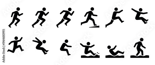 Stick figures illustrating various human actions including running, jumping, falling, and slipping, presented as a set of black silhouette icons.