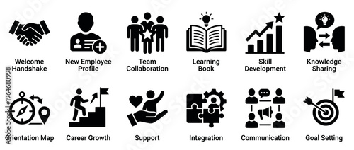 Collection of business and personal development icons representing various corporate concepts, growth strategies, and professional advancement.
