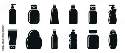 Cosmetic bottles and hygiene product containers in a diverse collection of black silhouette icons for beauty and personal care packaging design.