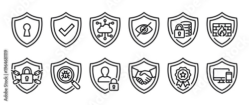 Security shield icons representing various aspects of digital protection, data privacy, network safety, and online defense concepts.