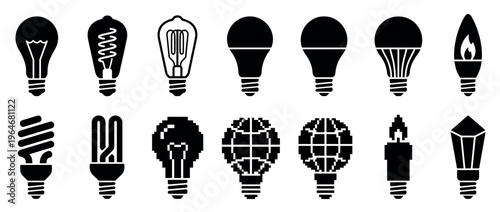 Light bulbs icon set featuring various types of lamps including incandescent, LED, CFL, and pixelated designs for illumination concepts.
