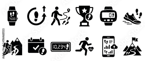 Fitness activity tracking icons set featuring walking, running, hiking, and step count achievements for health applications and digital devices.