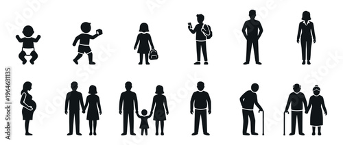 Collection of diverse human icons representing various life stages, generations, and family structures from infancy to old age.