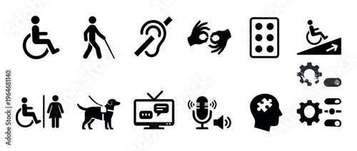 Collection of diverse accessibility icons representing various disabilities and inclusive design features for digital and physical environments.