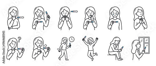 Woman holding pregnancy test showing various emotions and reactions to the results, from joy to sadness.