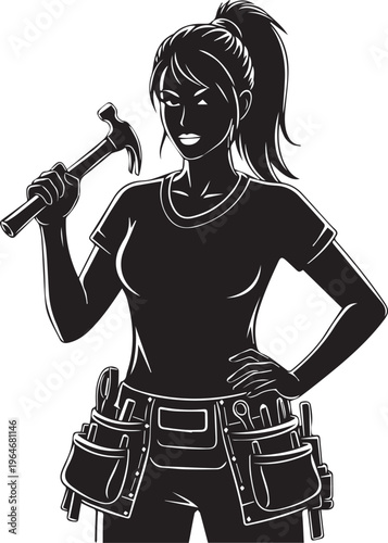 Strong female worker wearing tool belt and holding carpenter hammer art