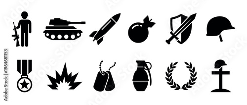 Military icons set featuring various army symbols like a soldier, tank, rocket, bomb, helmet, medal, and dog tags representing conflict and remembrance.