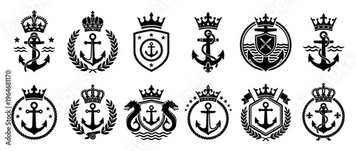 Collection of elegant nautical anchor emblems adorned with royal crowns, ropes, and other maritime symbols for design.