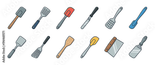 Collection of various kitchen spatulas and cooking utensils for baking and food preparation in a colorful cartoon illustration style.