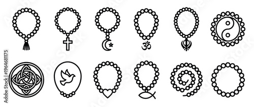 Prayer beads religious spiritual symbols icons set featuring various faith elements like cross, Om, crescent, and Celtic knot in a modern line art style.