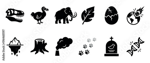 Extinction icons and environmental threats collection featuring prehistoric animals, melting ice, pollution, and genetic damage symbols.