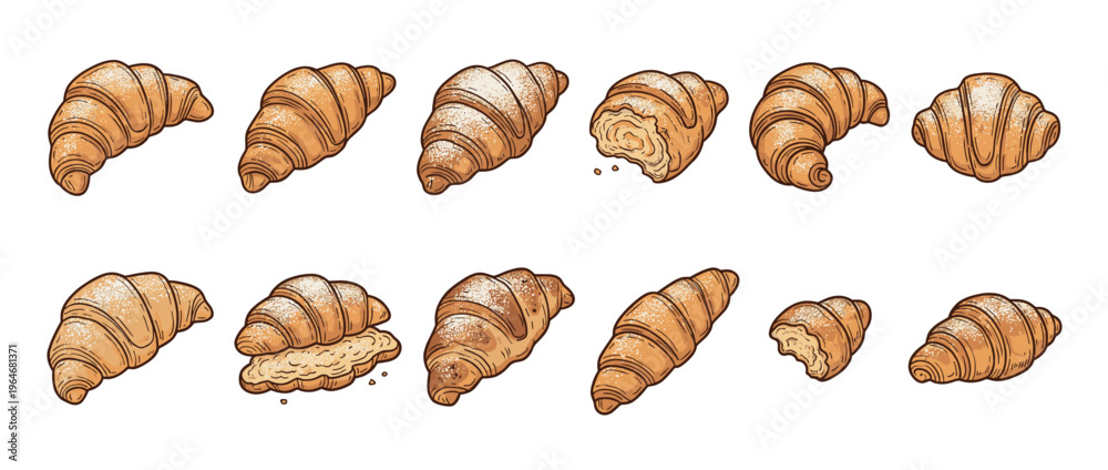 Fototapeta premium Croissants illustration set with various delicious French pastries, some whole, some bitten, and some sprinkled with powdered sugar.