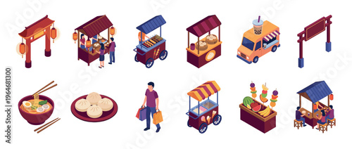 Isometric illustration set showcasing various Asian street food stalls, traditional market elements, delicious dishes, and people enjoying the vibrant culinary scene.