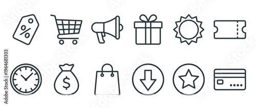 Shopping e-commerce business icons collection featuring various symbols for online retail, marketing, payment, and customer service concepts.