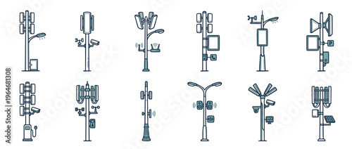 Smart poles with various integrated technologies for modern urban infrastructure, including 5G antennas, Wi-Fi, cameras, and streetlights.