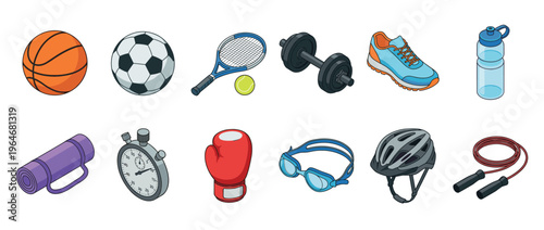 Sports and fitness equipment collection featuring various items like balls, racket, dumbbell, shoe, and accessories for active lifestyle and exercise.