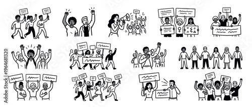 Diverse group of people demonstrating, holding protest signs, marching together, and advocating for change and human rights.